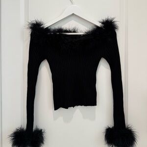 Opening Ceremony Black Off-Shoulder Sweater with Fur Accents NEW